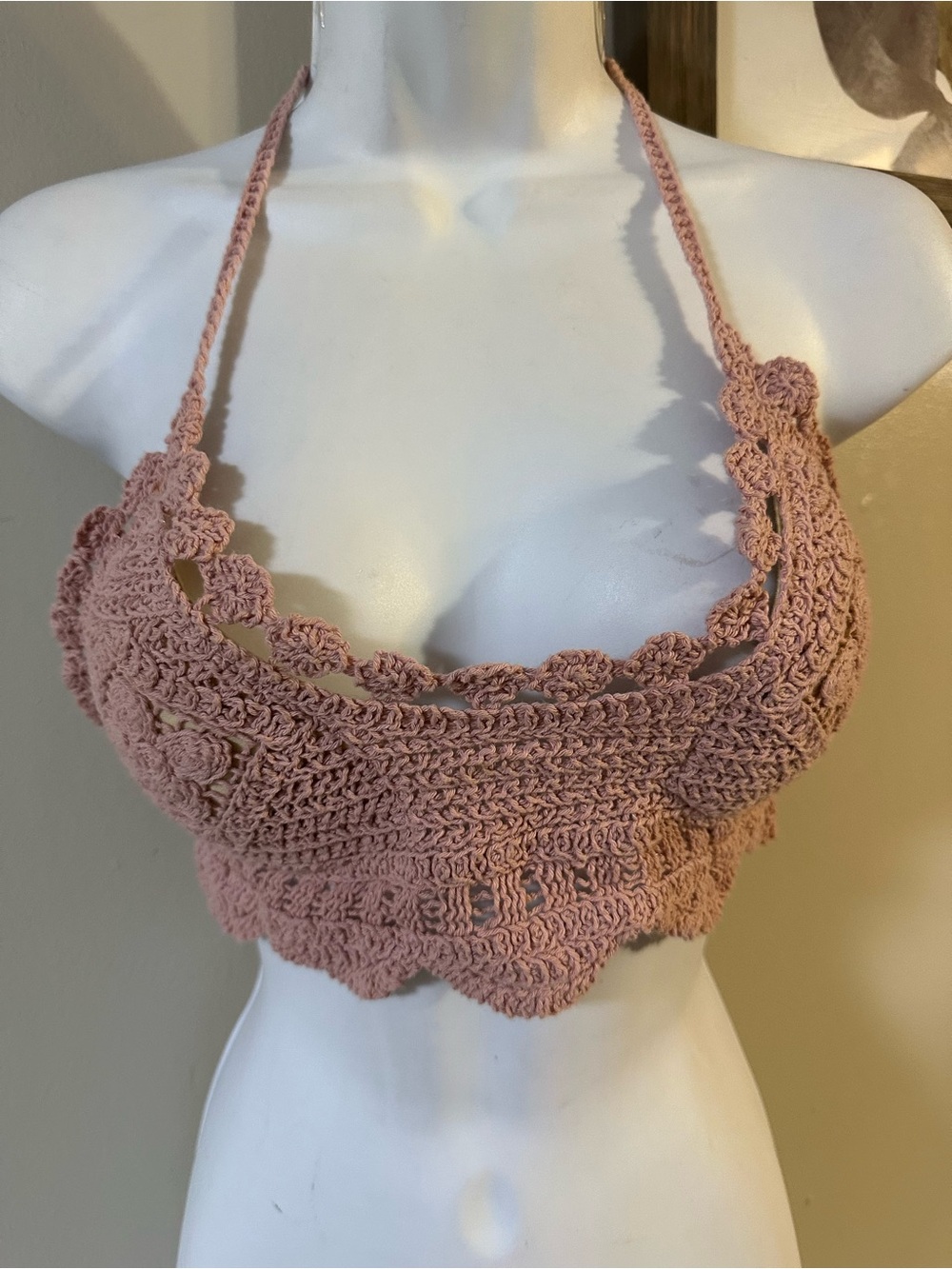 Crochet Halter Crop Top in Dusty Rose